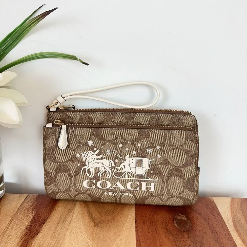 NWT Coach Double Zip Wallet In Signature Canvas With Horse And Sleigh